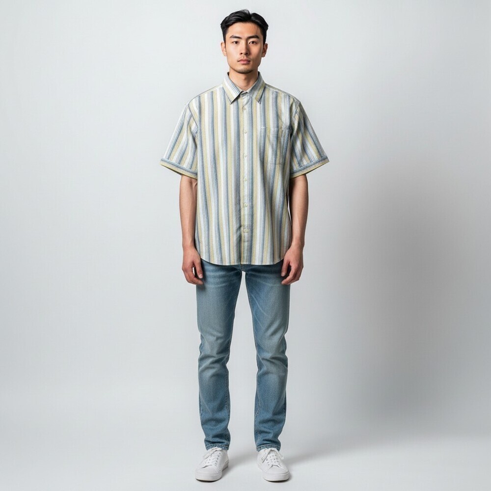 Sean John Mens Medium Linen Cotton Short Sleeve Striped Button Down Shirt